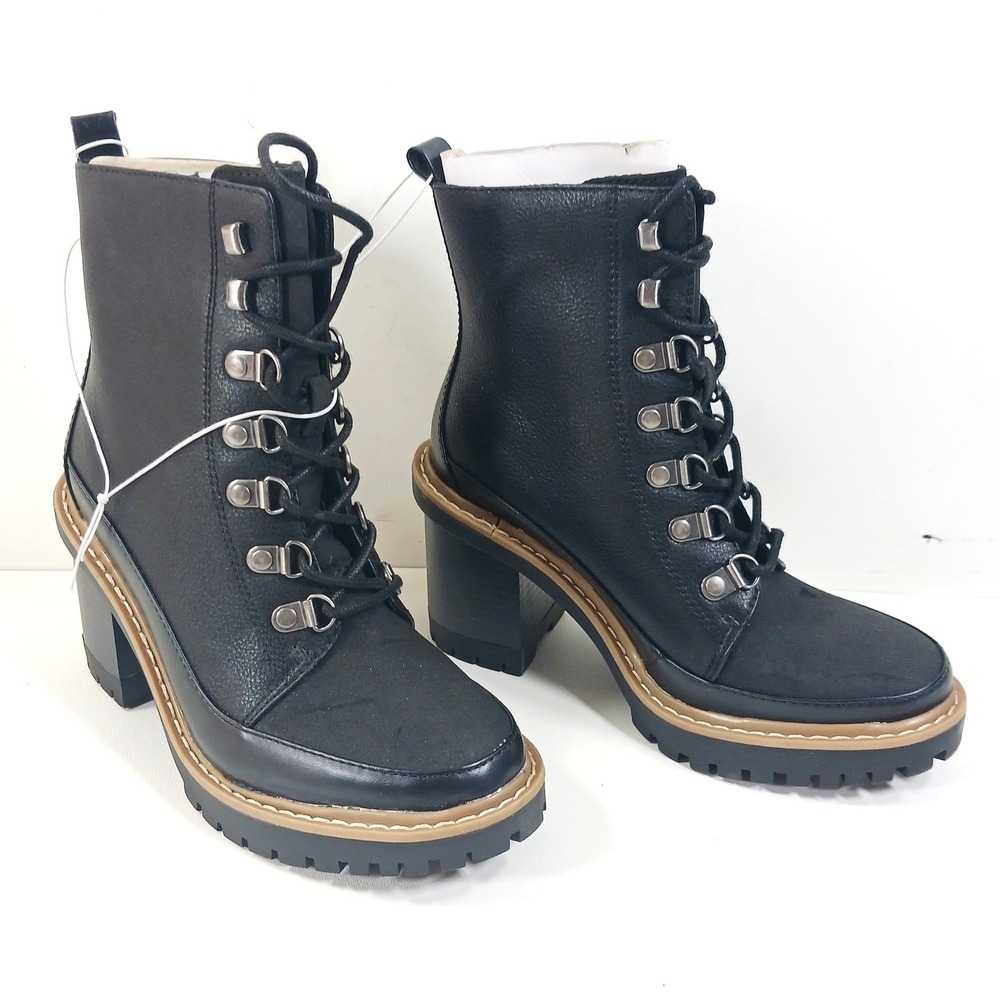 A New Day Tessa Black Lace Up Block Heel Lug Sole Combat Boots Womens 5.5 NEW